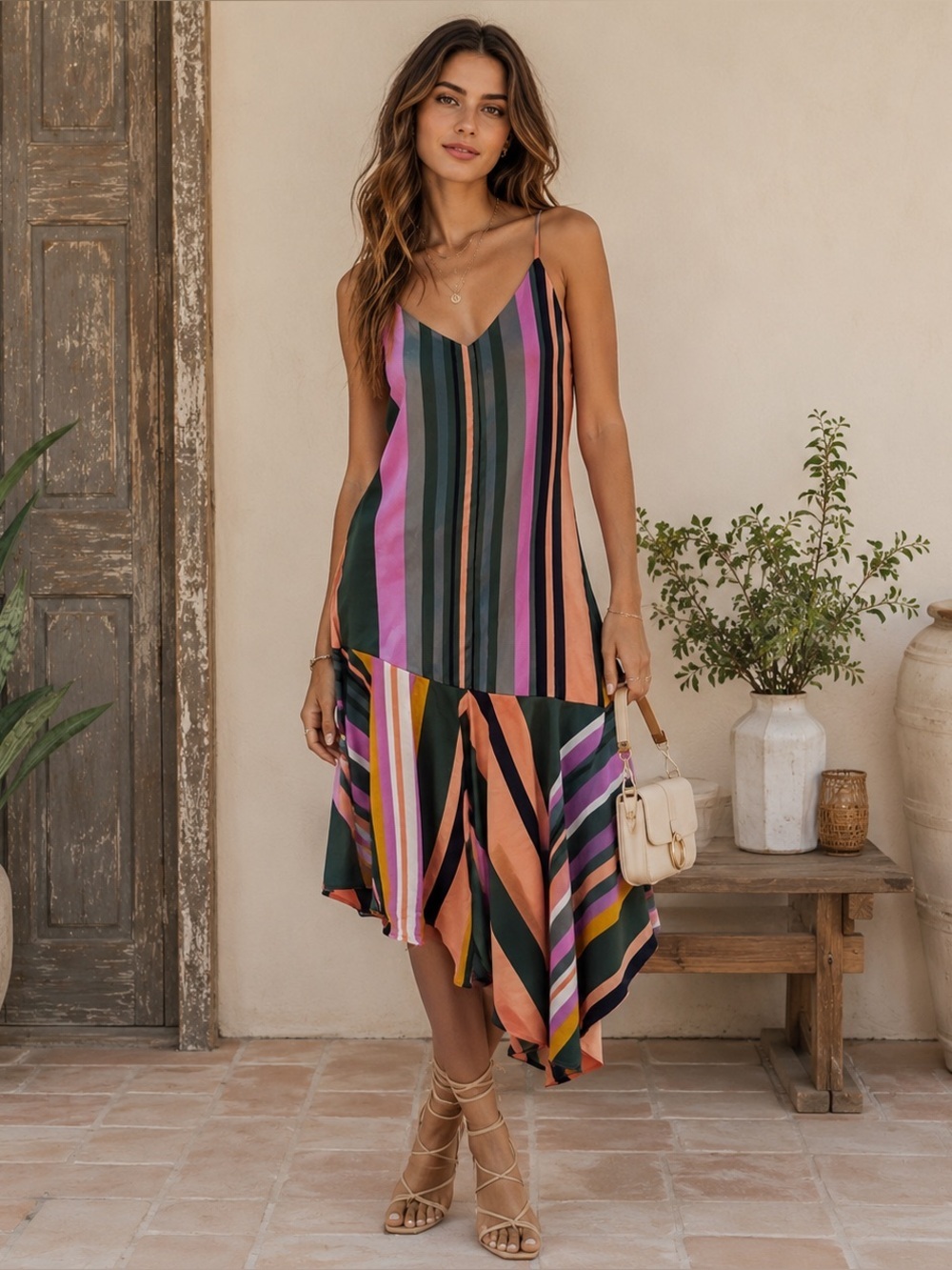 Lost + Wander Striped Asymmetrical Slip Dress Large Boho Resort Midi